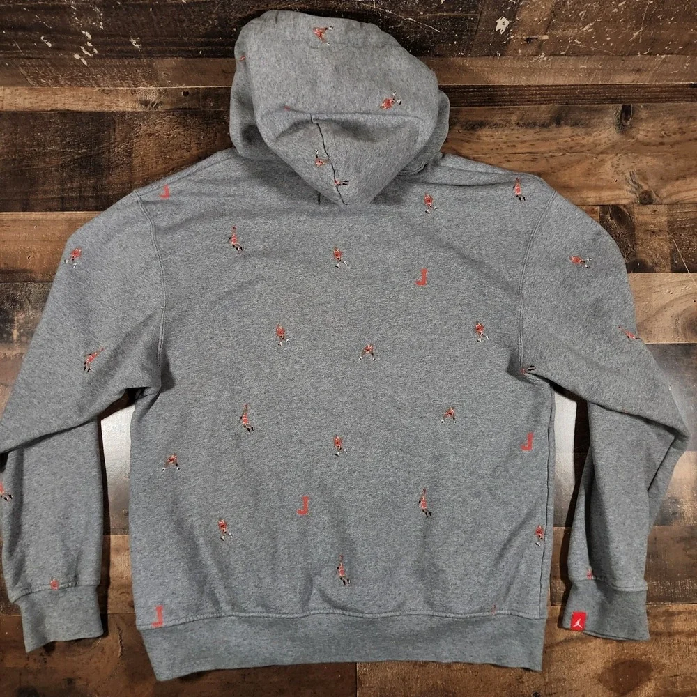 Jordan Hoodie Sweatshirt Men Medium Gray Essential Jumpman All Over Print Y2K